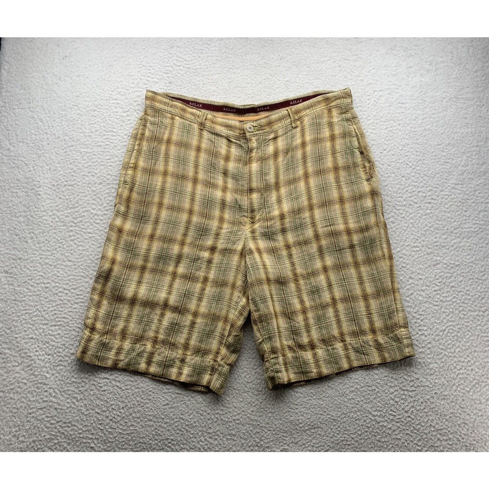 Tommy Bahama Bermuda‎ Shorts Mens 38x11 Linen Plaid Green Brown Relax High Rise